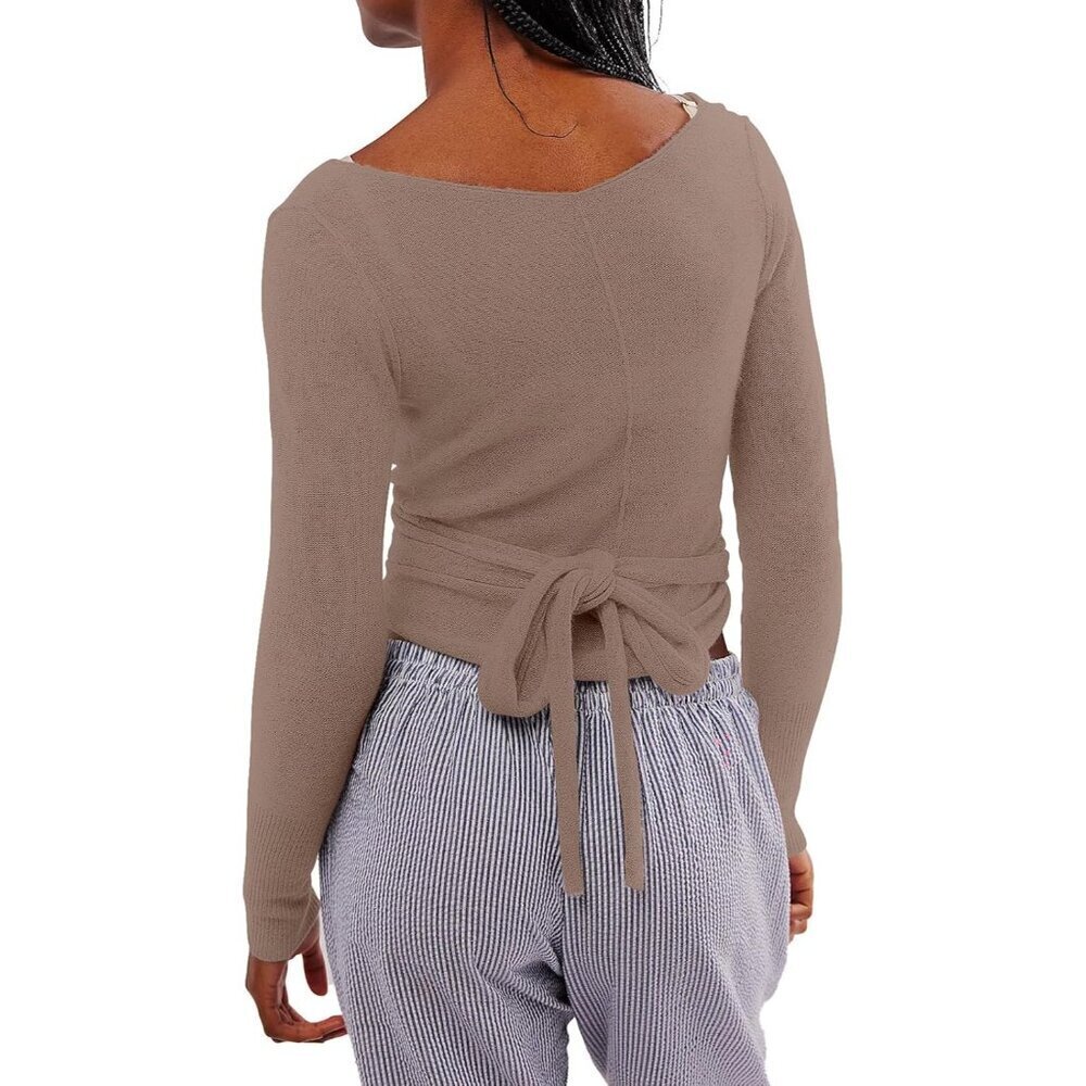 Womens Wool Crop Top V-Neck Slim Fit Tie Front Long Sleeve Soft Reversible